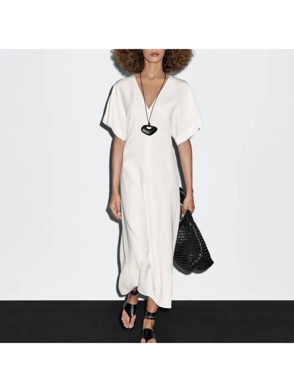 Massimo Dutti V-Neck Midi Dress White Short Sleeve Womens Small 6612/530 NWT